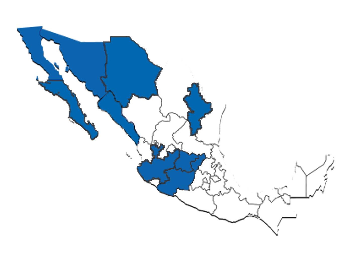 Map of Mexico with ARCO location states colored blue.