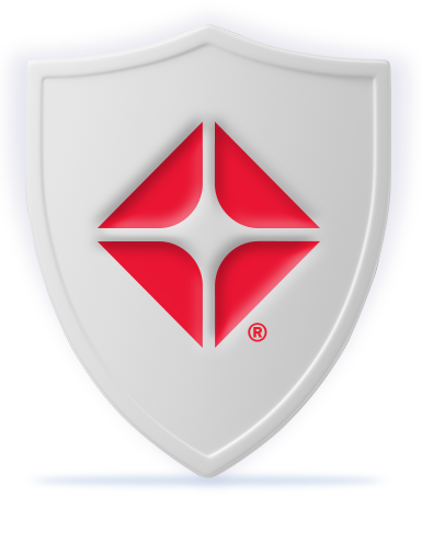Protective white shield with red ARCO branding. Illustration.