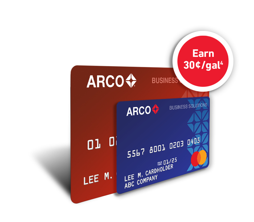 An ARCO Business Solutions card behind an ARCO Business Solutions Mastercard® with Save 30 cents per gallon sticker.