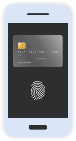 Credit card and thumbprint displayed on smartphone screen. Illustration.