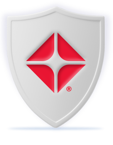 Protective white shield with red ARCO branding. Illustration.